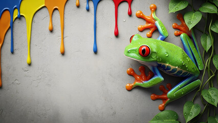 Vibrant tree frog and colorful paint drips create a whimsical, eye-catching design element with bold hues