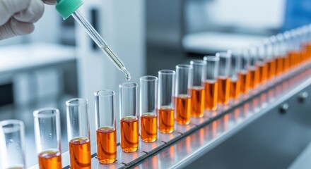 Dropper dispensing liquid into test tubes on a lab shelf