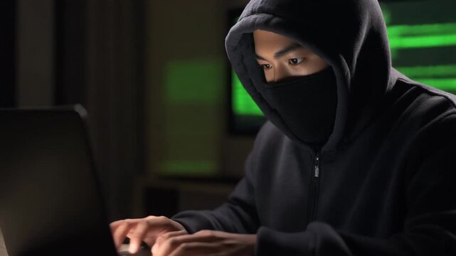 A masked criminal wearing a black balaclava acts as a high-tech thief stealing sensitive business data from a laptop computer to commit internet fraud