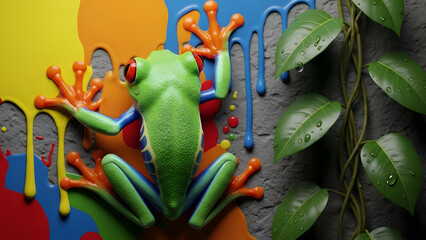 Vibrant tree frog and colorful paint drips create a whimsical, eye-catching design element with bold hues