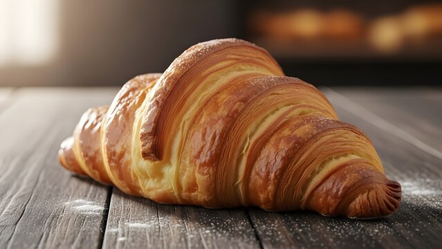 A French croissant on a rustic wooden table, flaky golden layers, soft morning light, ultra-realistic bakery atmosphere