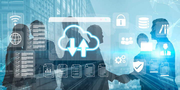 Cloud upload and download icon with surrounding data management, security, and analytics icons in digital interface Parse