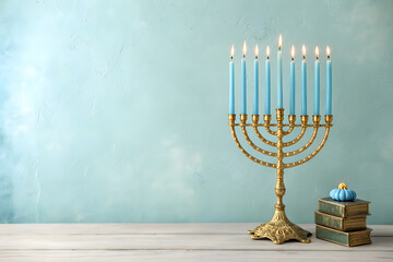 A golden menorah with lit candles stands on a light blue background. The image captures Hanukkah celebration, warmth and greeting moments. Tradition, faith, and festive light.