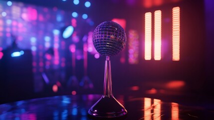 A reflective disco ball on a stand, with vibrant bokeh lights in the background