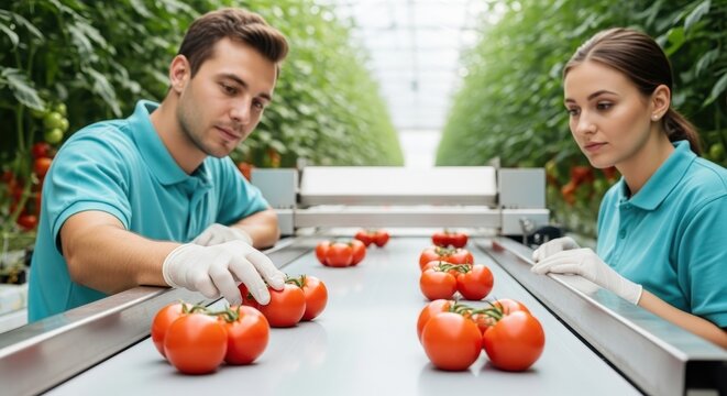 Man inspecting freshly harvested tomatoes at a greenhouse processing facility - Powered by Adobe