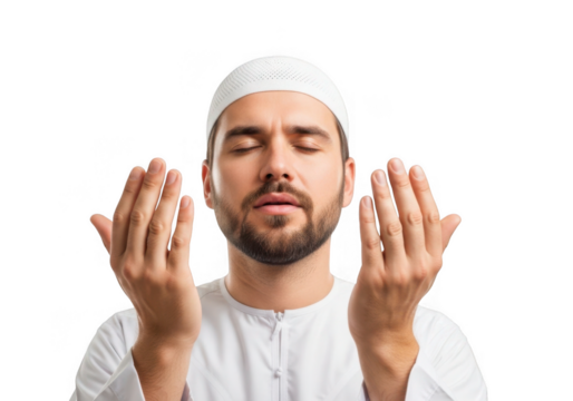 Muslim man praying with hands raised isolated on transparent background for religious and cultural projects - Powered by Adobe