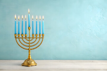 A golden menorah with lit candles stands on a light blue background. The image captures Hanukkah celebration, warmth and greeting moments. Tradition, faith, and festive light.