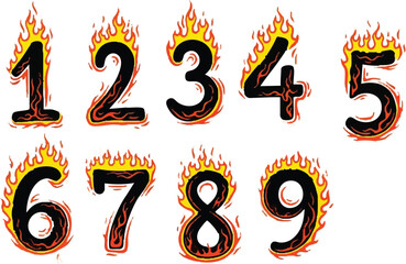 A collection of black cartoon numbers from one to nine, each engulfed in bright yellow and orange flames.