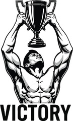 A muscular athlete triumphantly lifts a championship trophy overhead in a black and white illustration celebrating victory.