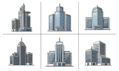 Modern city buildings collection architectural designs isolated