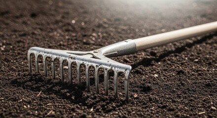 Rake resting on the ground in the soil preparing a garden bed