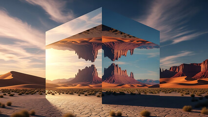 Massive reflective glass cube standing in vast desert surreal landscape futuristic illusion with mir 91585484 1