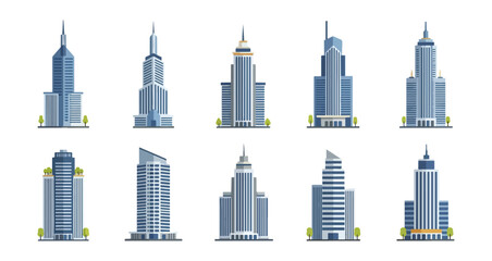 Set of modern skyscraper buildings isolated on black background