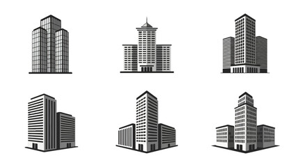 Architectural designs collection urban skyscraper illustrations on black background