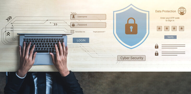 Hands typing on a laptop with a cyber security interface. A data protection shield symbol represents secure login and verification processes for online safety and privacy. Gantry