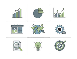 Business and technology icons set data planning and global connectivity