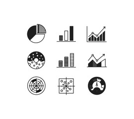 Data visualization charts and graphs icons on black background