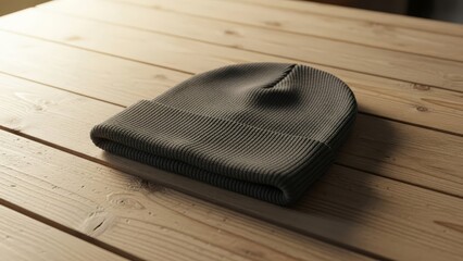 Grey Knitted Beanie Hat on Wood Table Background Casual Winter Fashion
