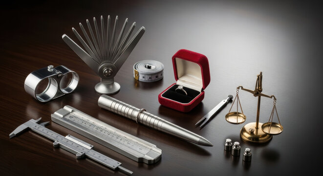 Essential Jewelry Tools for Accurate Ring and Finger Sizing, including Gauges, Mandrels, and Scales, Arranged on a Dark Wooden Surface with Ample Copy Space.