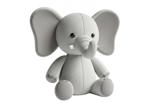 Cute knitted elephant toy isolated on transparent background for children's books, stickers, and playful branding