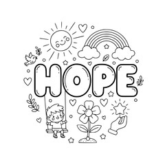 Obraz premium Hope Hand Lettering Typography Coloring Book Page Vector. Optimism and Positive Outlook Activity for Kids with Encouraging Outlined Elements Generative ai