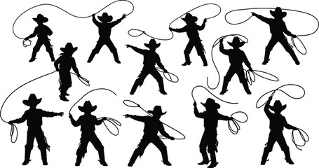 Cowboy silhouettes, lasso performance, western rodeo action, traditional attire, cowboy culture, ranch lifestyle, wild west, cowboy skills, rope tricks, adventure