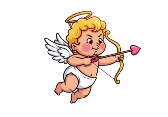 Cartoon cupid aiming bow and arrow isolated on transparent background for valentine, love, web, app