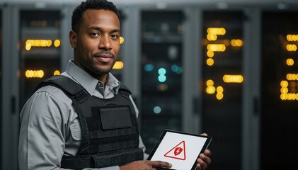 Man in vest holding tablet with electrical hazard symbol in a server room with blurred lights