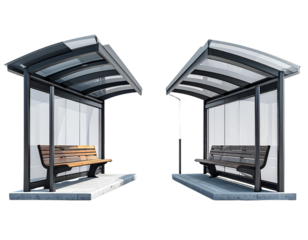 Two Modern Bus Stop Shelter Variations with Bench and Advertising Space in One Frame, isolated on transparent background