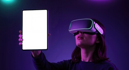 Woman wearing vr headset and holding tablet with blank screen in a neon lit purple and green room