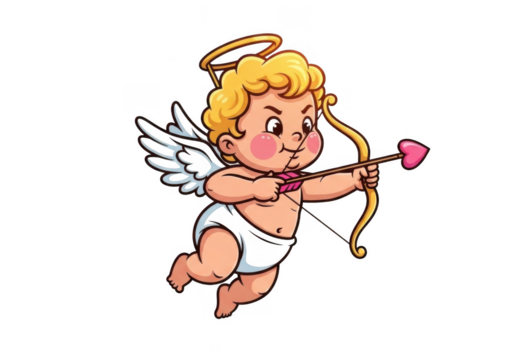 Cartoon cupid aiming bow and arrow isolated on transparent background for valentine, love, web, app