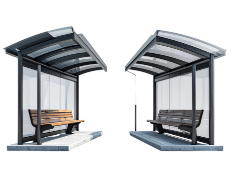 Two Modern Bus Stop Shelter Variations with Bench and Advertising Space in One Frame, isolated on transparent background - Powered by Adobe