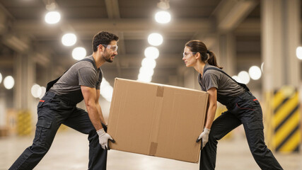 Two workers lifting a large cardboard box in a warehouse with safety glasses and gloves on together safely