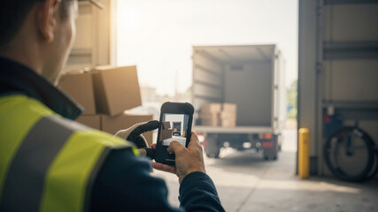 Man taking a photo of a delivery truck with boxes inside using a smartphone in a warehouse setting