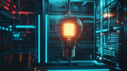 A glowing light bulb illuminates a high-tech server room with blue and red neon lights