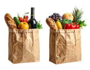 Two Brown Paper Grocery Bag Variations with Food Items in One Frame, isolated on transparent background