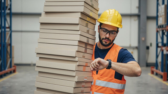 Warehouse worker checking time next to tall stack of boxes wearing safety gear in warehouse setting - Powered by Adobe