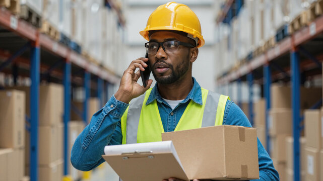 Man in warehouse wearing hard hat and safety vest talking on phone while holding box and clipboard