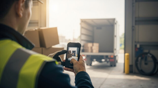 Man taking a photo of a delivery truck with boxes inside using a smartphone in a warehouse setting