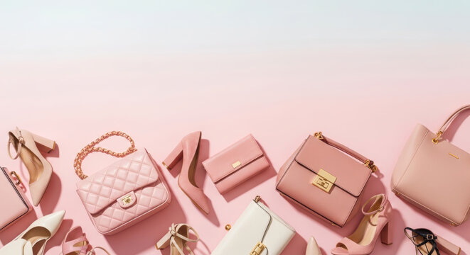 Elegant Collection of Women's Fashion Accessories Assorted Ladies Handbags, Clutch Purses, and High Heels on a Soft Pastel Pink Background with Copy Space