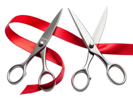 Two Silver Scissors Cutting Red Ribbon Variations in One Frame, isolated on transparent background 