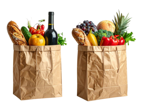 Two Brown Paper Grocery Bag Variations with Food Items in One Frame, isolated on transparent background