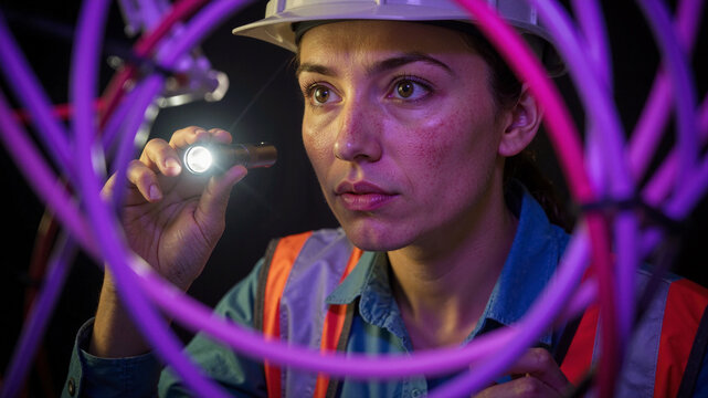 Woman with hard hat and safety vest inspecting wires with a flashlight in a dark environment - Powered by Adobe