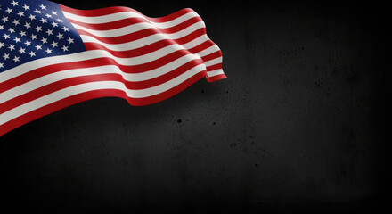 Obraz premium Dynamic Wavy American Flag Against Dark Grunge Background with Copy Space for Patriotic Holiday Celebrations
