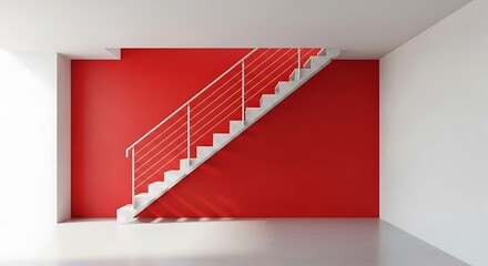 Empty square room with white metal staircase is leaning against a red wall. The staircase is empty and the wall is painted in a bright red color