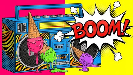 Vibrant Pop Art Boombox with Melting Ice Cream and boom Speech Bubble