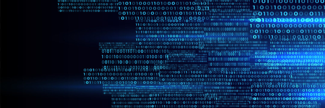 Blue Binary Data Software Programming Code Background. Random Parts of Program Code. Digital Data Technology Concept.