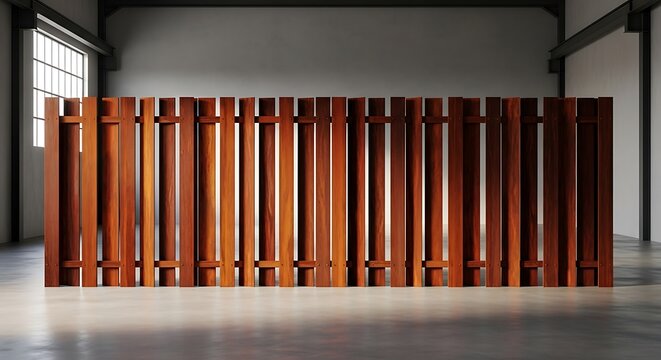 A large empty room with fence made of corten steel. Beautiful rust color