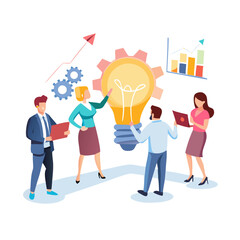 Diverse business team collaborating on innovative ideas. Cartoon vector illustration of professionals brainstorming with a lightbulb, charts, and gears for growth and ... See More
