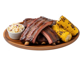 Barbecue pork ribs with coleslaw and corn on the cob isolated on transparent background for food blogs and restaurant menus
